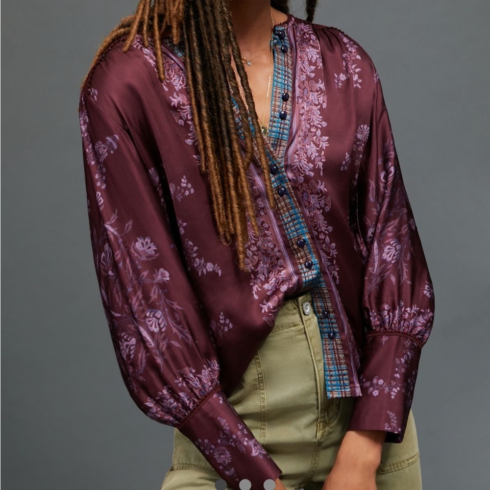 Anthropologie Tiny Jeanette Button down Blouse Wine Purple Crochet Trim Sz XS